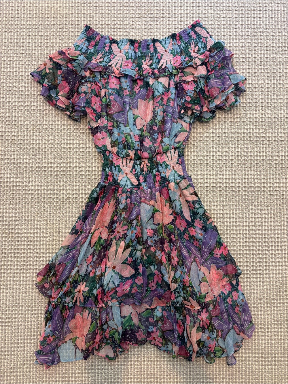 Golmer Farrar Floral Ruffle Off-Shoulder Dress - Pink & Purple